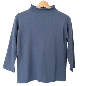 EILEEN FISHER Petite 100% Wool Mock Neck Textured Knit Sweater Top Blue PS